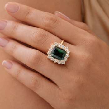 Emerald Cut Green Stone Halo Statement Ring