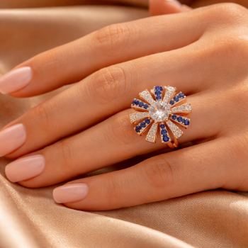 Round Lab-Grown Diamond Blue Accent Sunburst Designer Ring