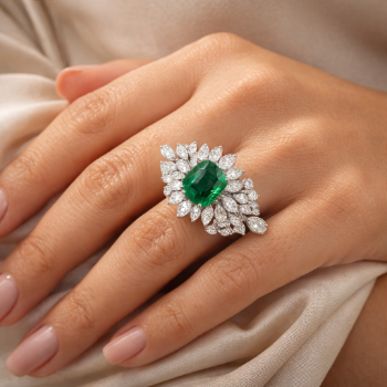 Cushion Green Stone Lab-Grown Diamond Floral Statement Ring