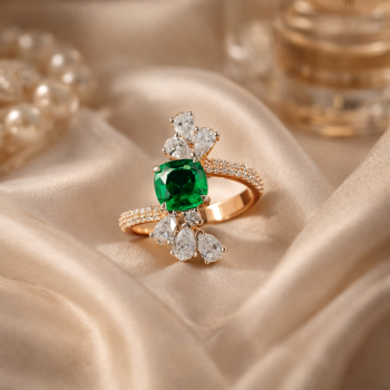 Oval Green Stone Lab-Grown Diamond Floral Designer Ring