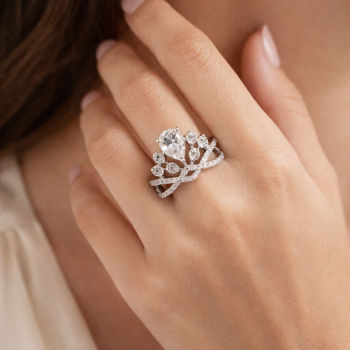 Lab-Grown Diamond Pear Center Floral Crown Designer Ring