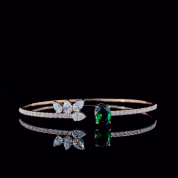 Lab-Grown Diamond Floral & Emerald Open Cuff Bracelet