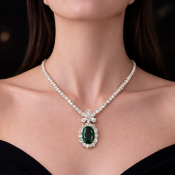 Lab-Grown Round Diamond Emerald Drop Pendant Necklace