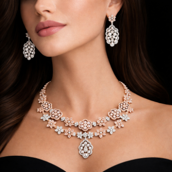 Bridal Lab-Grown Diamond Floral Pearl Necklace Set