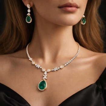 Lab-Grown Diamond Colored Stone Floral Drop Necklace Set